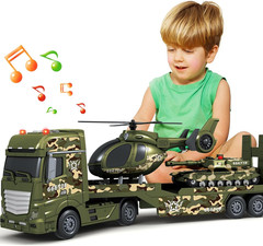 Toddler Boy Toys for 3 4 5 6 7 Years Kids, 25″ Semi Army Truck Toy with Helicopt