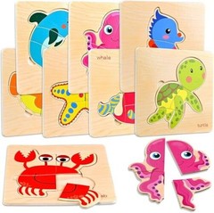 8pcs Wooden Puzzles for Toddlers 1-3, Toddler Puzzles Ages 2-4, Marine Animals