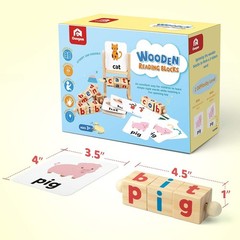 Wooden Reading Blocks & Spelling Flash Cards for Preschool Kids