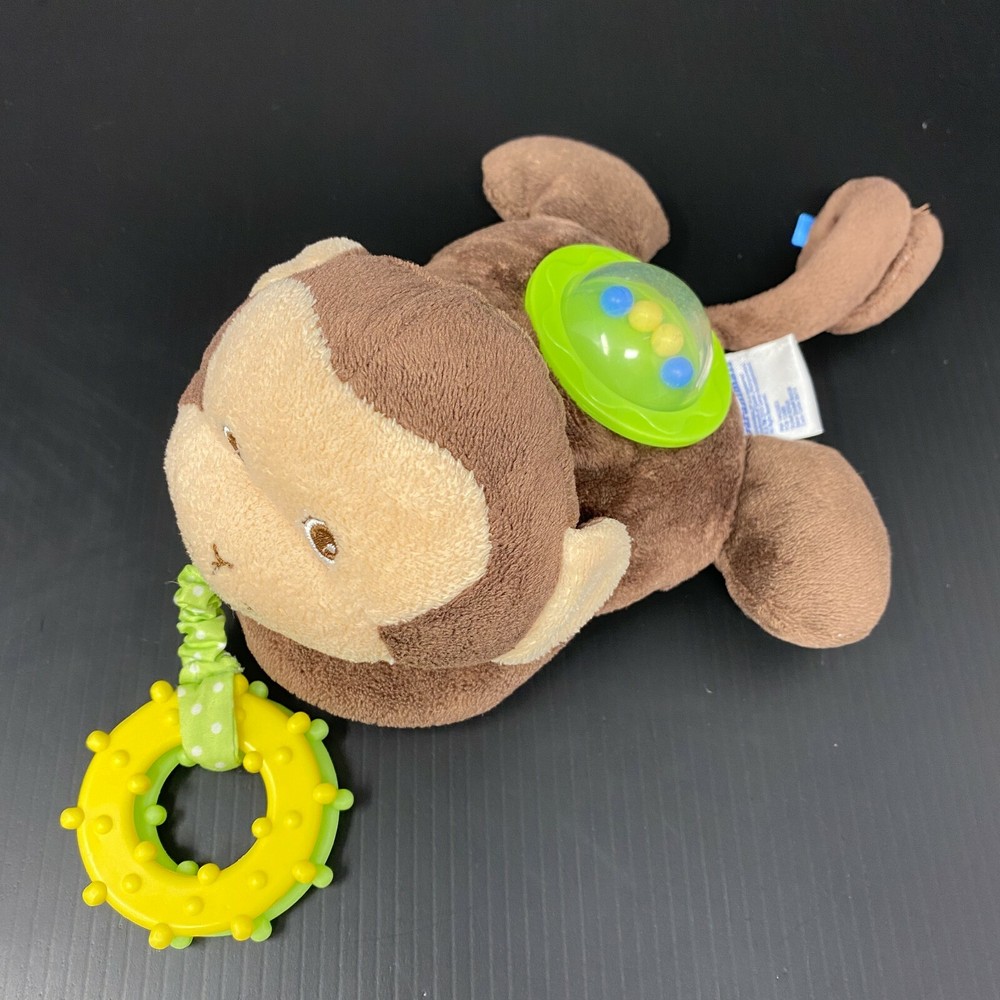 Garanimals Brown Monkey Plush Green Teether Ring Rattle Balls Stroller Toy 6”