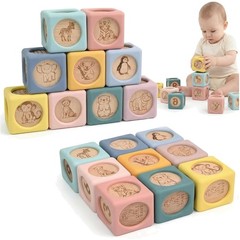 Gentle 9 Pcs Silicone & Wooden Stacking Blocks – Safe Toy for Infants & Toddlers
